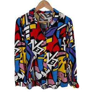 Vtg Big Dart Multicolor Abstract Shirt Womens 10 Button-Up Geometric Pop Art 90s